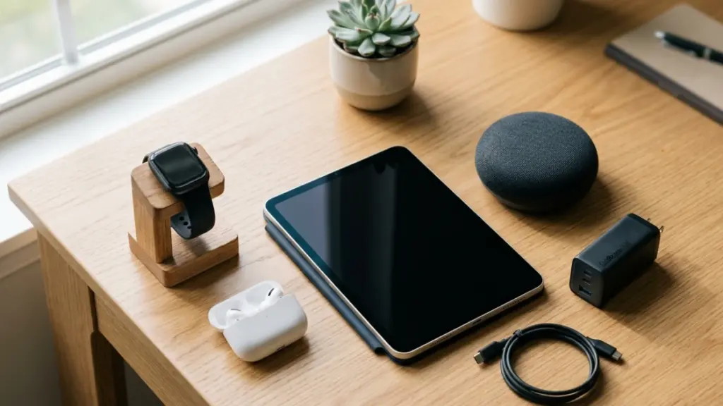 Best Gadgets That People Keep Using Long-Term Wireless earbuds, smartwatch, and tablet arranged as top tech gifts for 2026