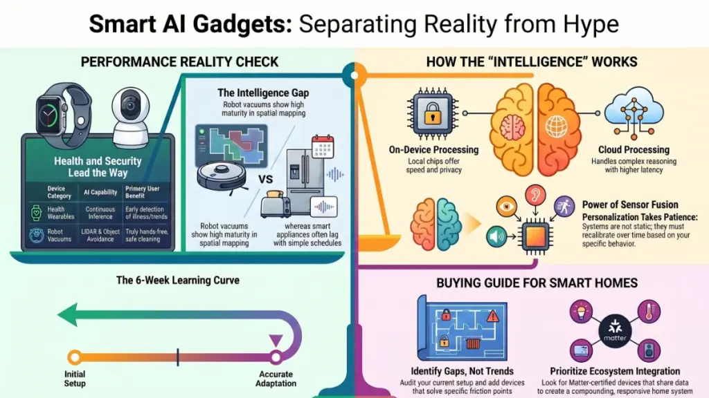 Robot vacuum and smart wearable showing AI automation features