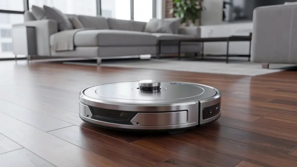 Best Robot Vacuum Cleaners Reviewed for 2026 Homes Roborock robot vacuum cleaning hardwood floors in a modern smart home
