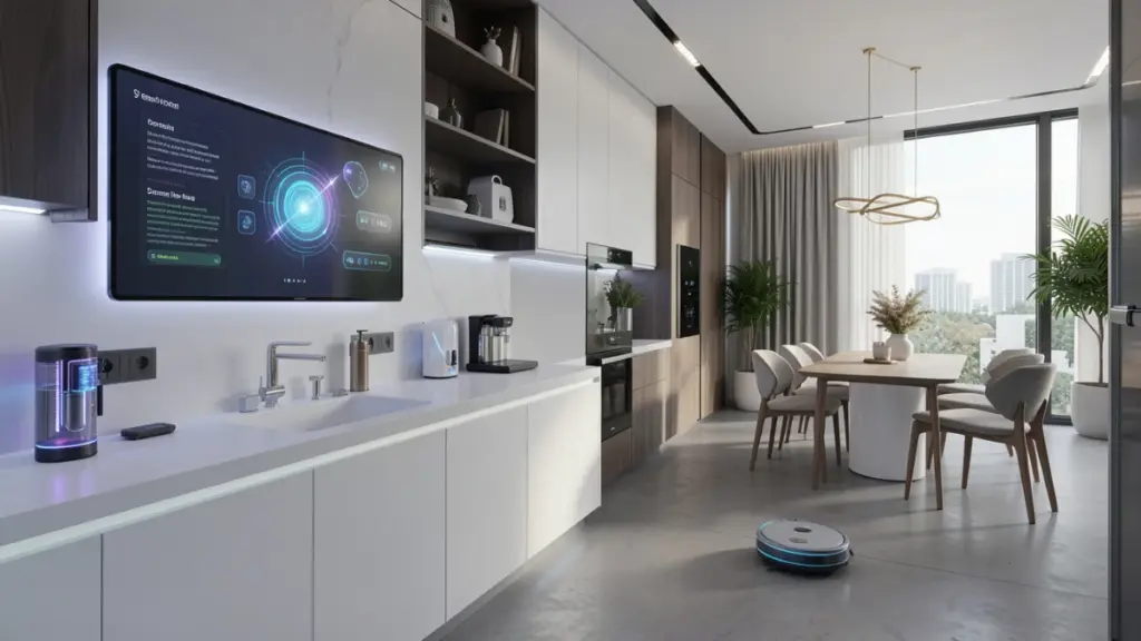 Smart Gadgets With AI: What Really Changes at Home AI-powered smart home gadgets working together in a modern kitchen