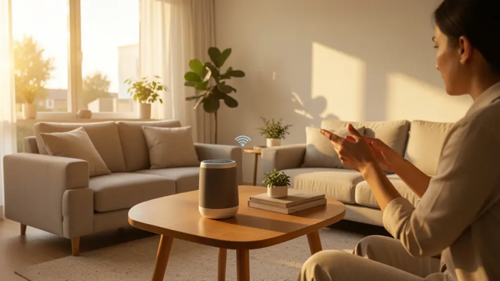 The Real AI Speaker Upgrade Most People Miss Smart speaker on living room table with person using voice command