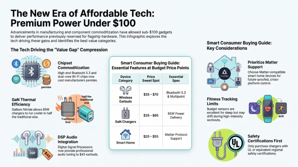 Budget smart gadgets including charger earbuds and tracker