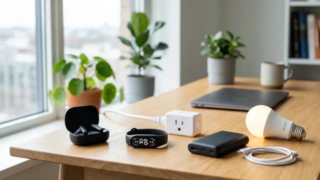 Affordable tech gadgets under $100 including earbuds, fitness tracker and power bank on a modern desk