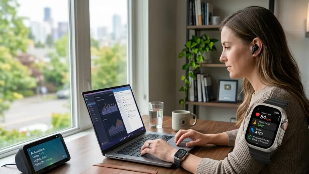 AI-Powered Devices After 6 Months: Worth the Hype? Person using an AI-powered smartwatch that displays health monitoring insights during daily activities