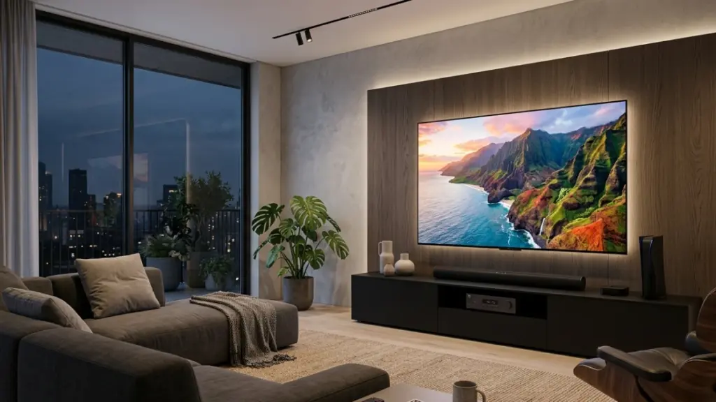 Smart TV Features That Actually Matter Before You Buy Modern smart TV displaying vibrant 4K HDR content in a contemporary living room.