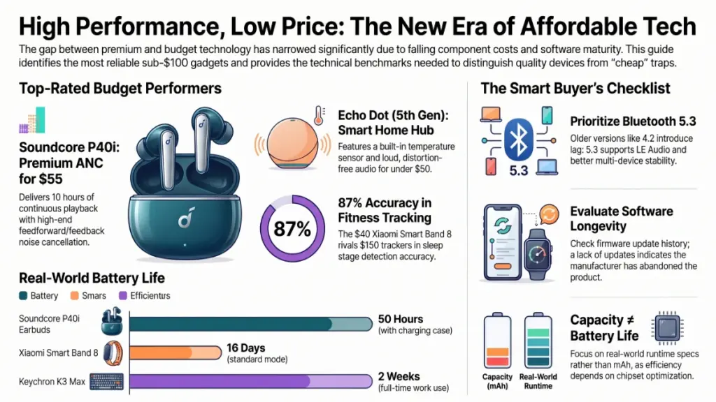 Budget smart home and productivity gadgets on modern desk
