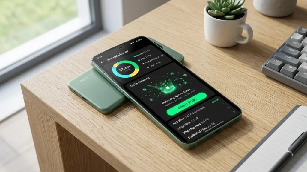 Realme Cleaner Review: Does It Really Free Up Storage? Realme Cleaner storage cleanup dashboard on a Realme smartphone