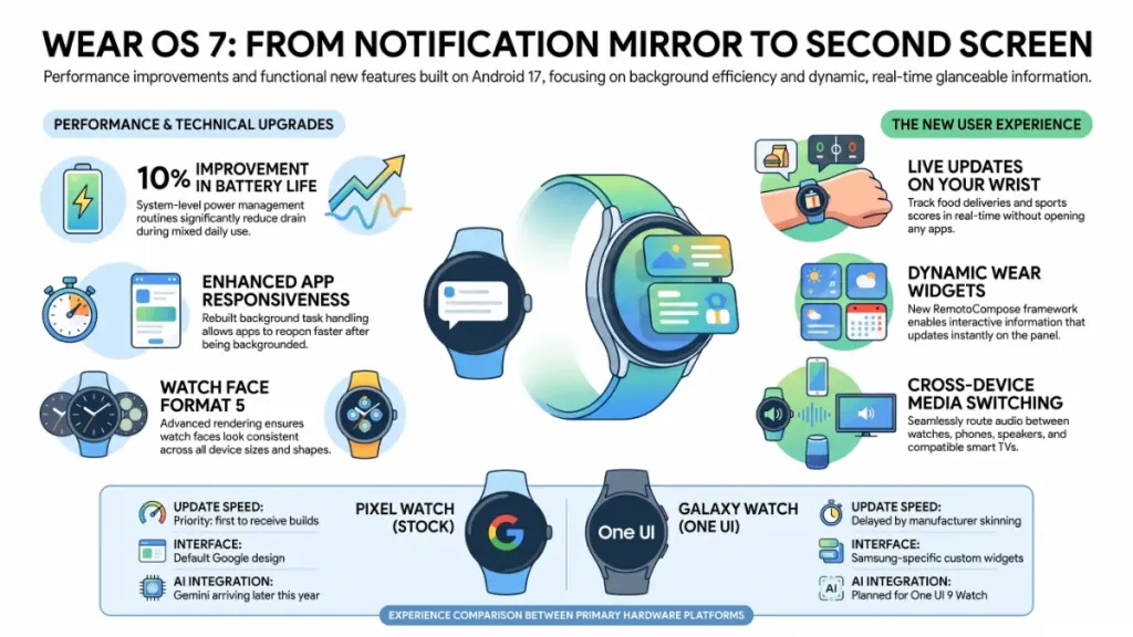 Samsung Galaxy Watch comparing Wear OS 7 features including widgets and battery improvements.